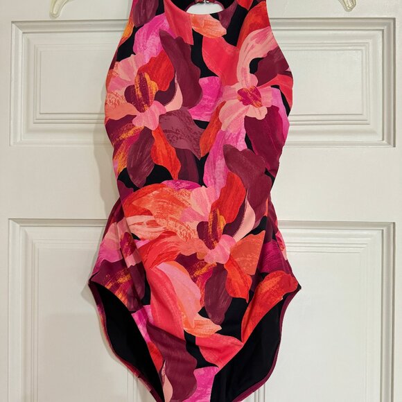 Athleta Maldives One Piece Swimsuit M Liana Floral Mauve Racer Tank High Neck - Picture 2 of 8